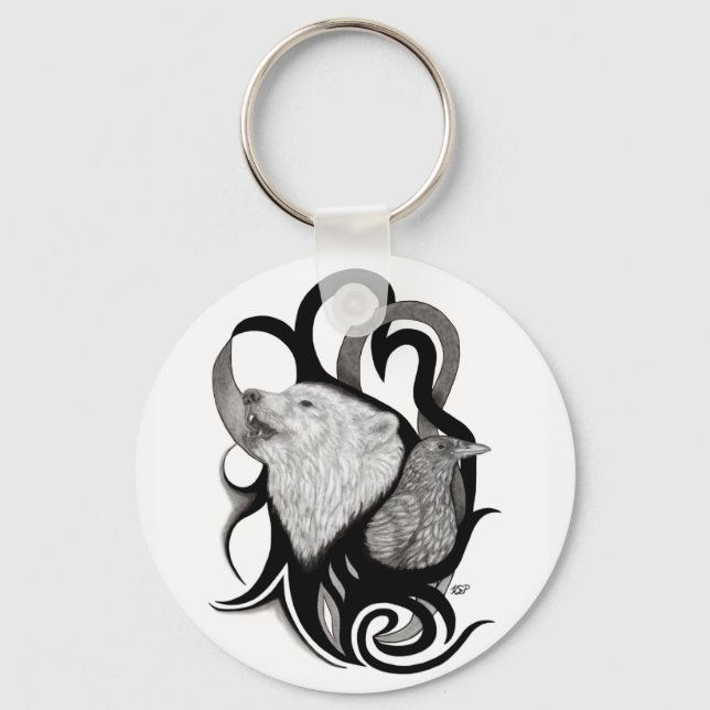 Porte-clés Loup blanc avec art tribal coréen (Recto)