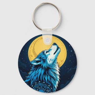 Porte-clés Loup bleu mystique hurlant à la pleine lune