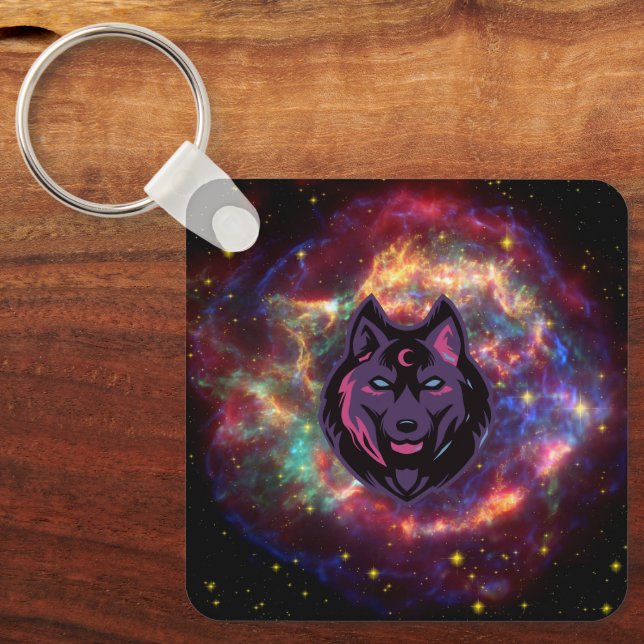 Porte-clés Loup Cosmique, Esprit Céleste Pourpre (Recto)
