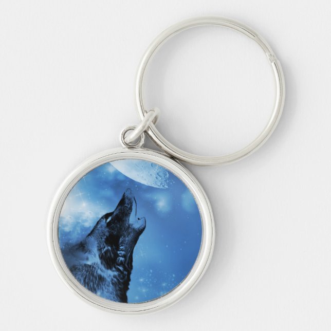 Porte-clés Loup fantôme hurlant sur la lune (Devant)
