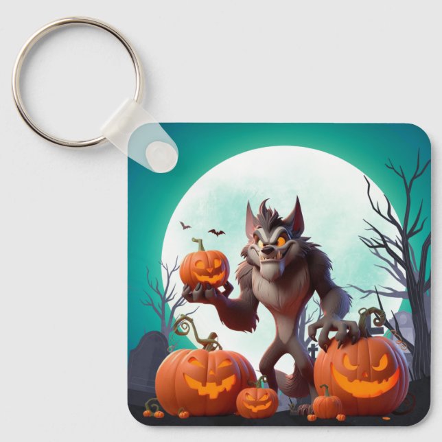 Porte-clés Loup-garou d'Halloween et citrouilles (Recto)