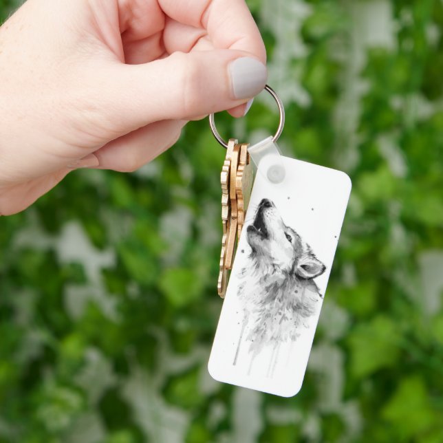 Porte-clés Loup gris hurlant dans la peinture aquarelle (main)