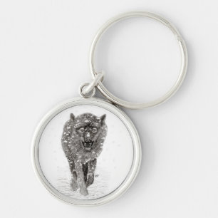 Porte-clés Loup noir en colère dans la neige, hiver sauvage