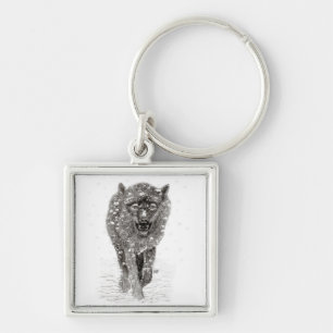 Porte-clés Loup noir en colère dans la neige, hiver sauvage