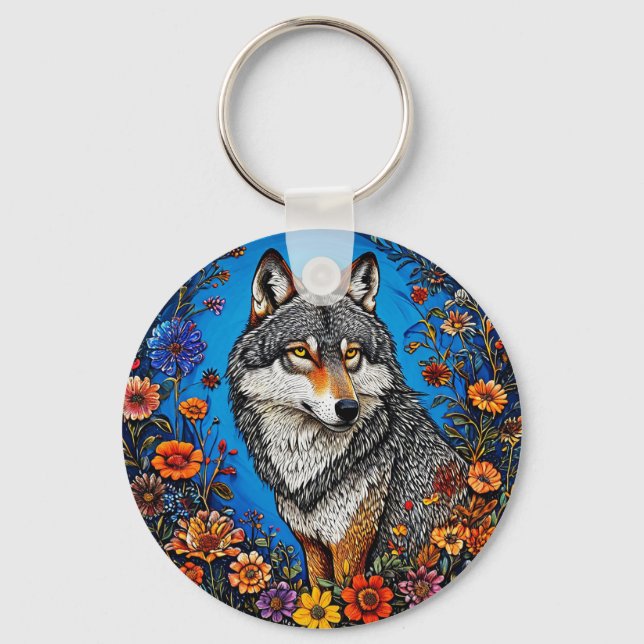 Porte-clés Loup parmi des fleurs vibrantes (Recto)
