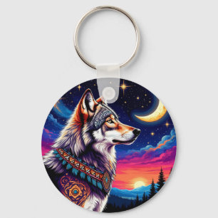 Porte-clés Loup sous le croissant de lune la nuit