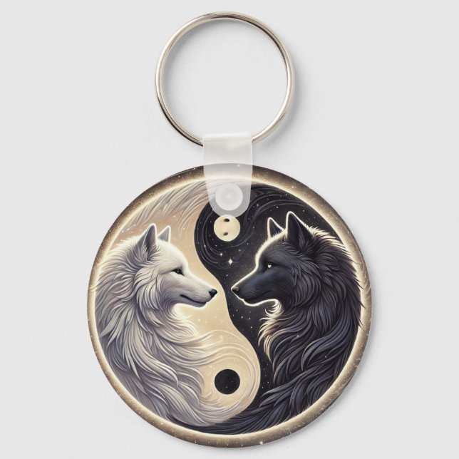 Porte-clés Loups blancs et noirs représentant Yin et Yang (Recto)