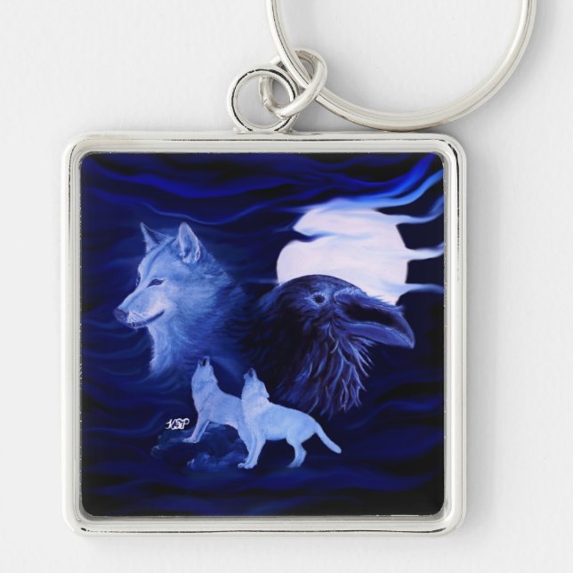 Porte-clés Loups et corbeau avec pleine lune (Devant)