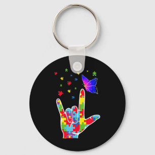 Porte-clés Love ASL Signal Langue Puzzle Papillon Autisme Awa