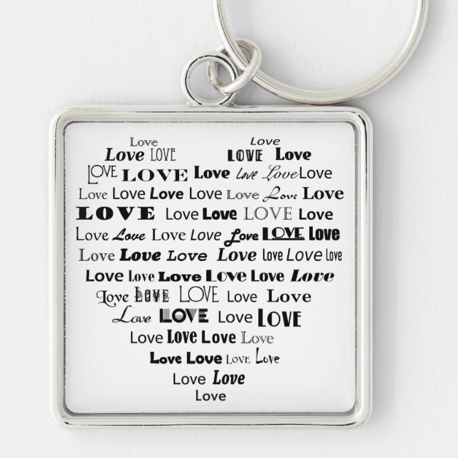Porte-clés Love Heart Word Cloud - Noir et Blanc (Devant)