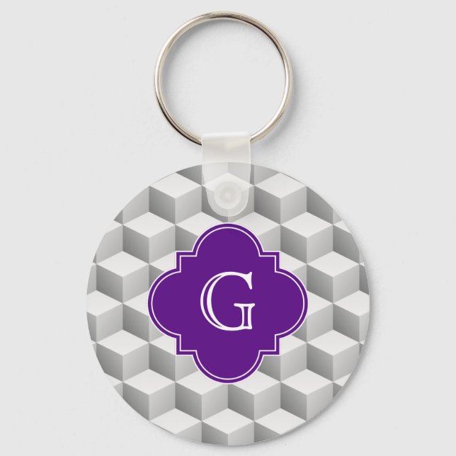 Porte-clés Lt Grey Blanc 3D Look Cubes Purple Monogramme (Recto)