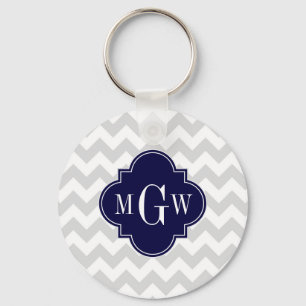 Porte-clés Lt Grey Wt Chevron Navy Blue Quatrefoil 3 Monogram