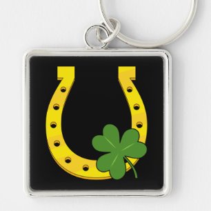 Porte-clés Lucky Golden Horseshoe avec Shamrock sur noir
