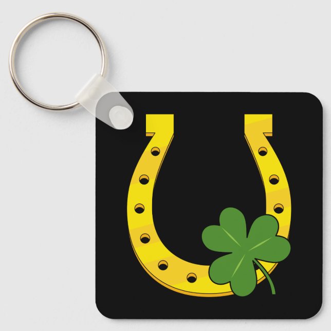 Porte-clés Lucky Golden Horseshoe avec Shamrock sur noir (Recto)