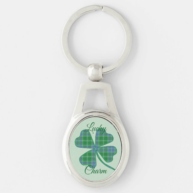 Porte-clés Lucky Green Plaid Shamrock Four-Leaf Clover  (Devant)