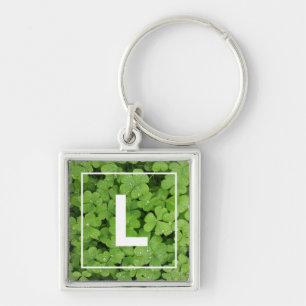 Porte-clés Lucky trèfle monogramme, prairie verte gouttes de