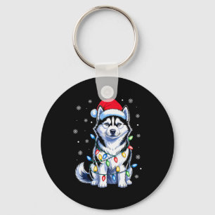 Porte-clés Lumières de Noël de chien Husky Chapeau de Père No
