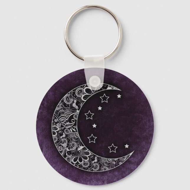 Porte-clés Lune à croissant floral d'or et étoiles sur violet (Recto)