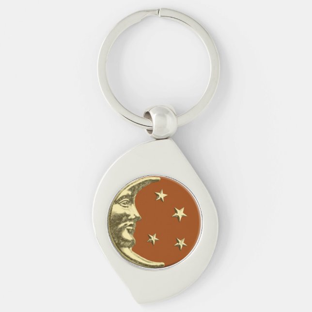Porte-clés Lune et étoiles Art déco - Brun rouille et or (Devant)