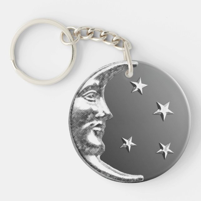 Porte-clés Lune et étoiles Art déco - Gris et argent (Devant)