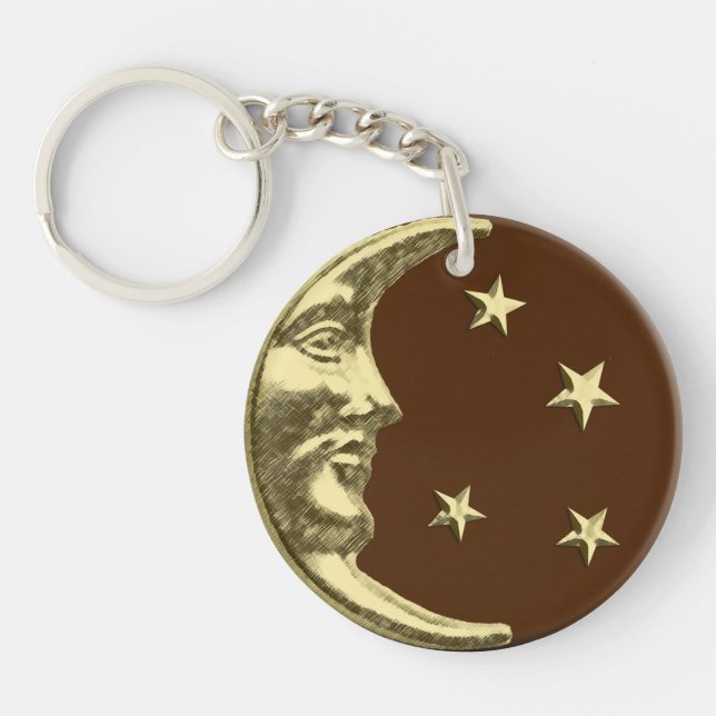 Porte-clés Lune et étoiles Art Déco - Marron chocolat et or (Devant)