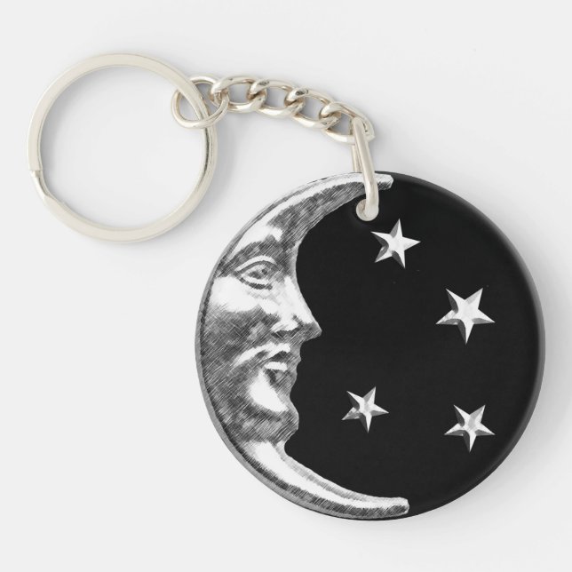 Porte-clés Lune et étoiles Art déco - Noir et argent (Devant)