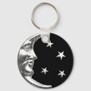 Porte-clés Lune et étoiles d'art déco - noir et argent
