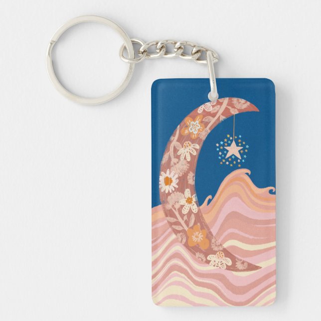 Porte-clés lune, étoiles et vagues mignon et funky (Devant)