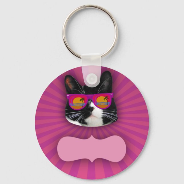 Porte-clés Lunettes de soleil chères Neon Tuxedo Chat Art amu (Recto)