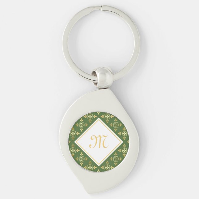 Porte-clés Luxe Monogramme vert et or Quatre Floral (Devant)
