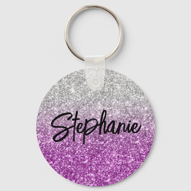 Porte-clés Luxueux Paillettes Argent Violet Ombre Brillante (Recto)