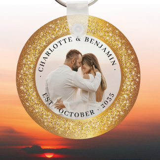 Porte-clés Luxueux Parties scintillant Gold Frame Couple Phot