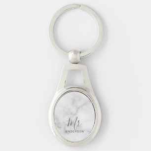 Porte-clés M. et Mme. Marbre blanc moderne Mariage de scrip