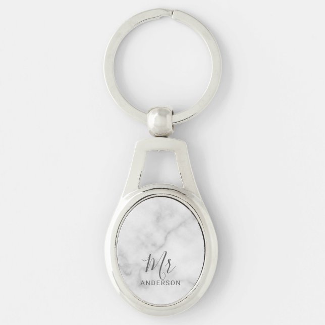 Porte-clés M. et Mme. | Marbre blanc moderne Mariage de scrip (Devant)