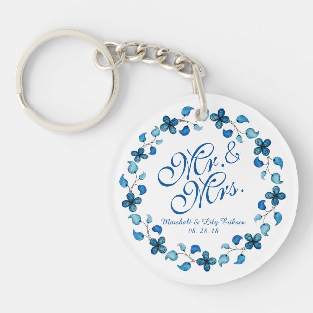 Porte-clés M. & Mme Blue Aquarelle Floral Mariage Porte - clé (Devant)