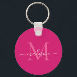 Porte-clés Magenta rose Blanc Monogramme Nom Script moderne<br><div class="desc">Simple rose Magenta Blanc Monogramme Élégant Porte - clé de script moderne</div>