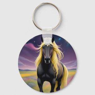 Porte-clés Magnifique cheval noir à la crinière dorée ondoyan