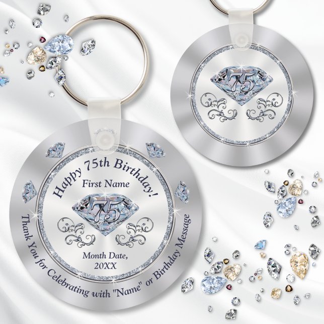 Porte-clés Magnifique Diamant, 75e anniversaire de fête Favor (75th birthday party favors. Personalized party favors for 75th birthday. 75th Birthday Platinum.)