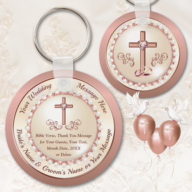 Porte-clés Magnifique or Rose, Mariage chrétien favorise les  (Christian wedding favors for guests. Rose Gold and Champagne Wedding Theme. Elegant baptism favors.)