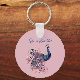 Porte-clés Magnifique Paon Bleu Rose Bleu Marine
