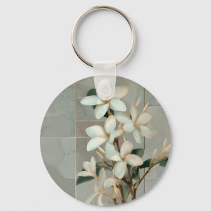 Porte-clés Magnolia Blanche Fleurie Ligne Or Marbre
