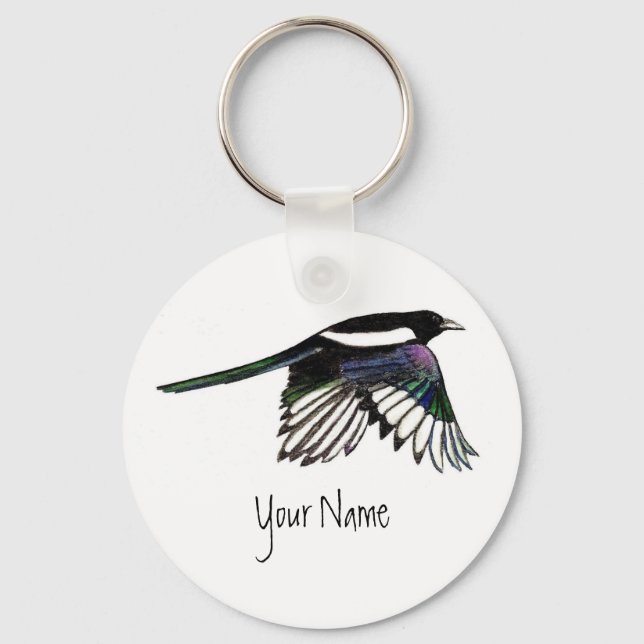 Porte-clés Magpie, Oiseau à Customiser avec votre nom (Recto)