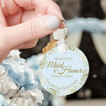 Porte-clés Maid of Honor Mariage Cadeau Gold Frills & Pale Bl<br><div class="desc">Ces porte - clés sont conçus pour rendre service à la servante d'honneur lors de votre mariage. Elles présentent un design simple mais élégant, avec un arrière - plan de couleur bleu clair, un texte doré et une bordure florale en faux feuille doré en dentelle. Le texte dit "Maid of...</div>