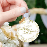 Porte-clés Maid of Honor Mariage Cadeau Gold Frills sur blanc<br><div class="desc">Ces porte - clés sont conçus pour rendre service à la servante d'honneur lors de votre mariage. Elles présentent un design simple mais élégant avec un arrière - plan blanc classique, du texte doré et une bordure florale en faux feuille doré en dentelle. Une façon parfaite de remercier votre bonne...</div>