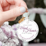 Porte-clés Maid of Honor Wedding Gift Cassis Pruple<br><div class="desc">These keychains are designed to give as favors to the Maid of Honor in your wedding party. Features a simple yet elegant design with a white background, cassis purple or magenta & Gray text, and a silver faux foil floral border. Perfect way to thank your Maid of Honor for being...</div>