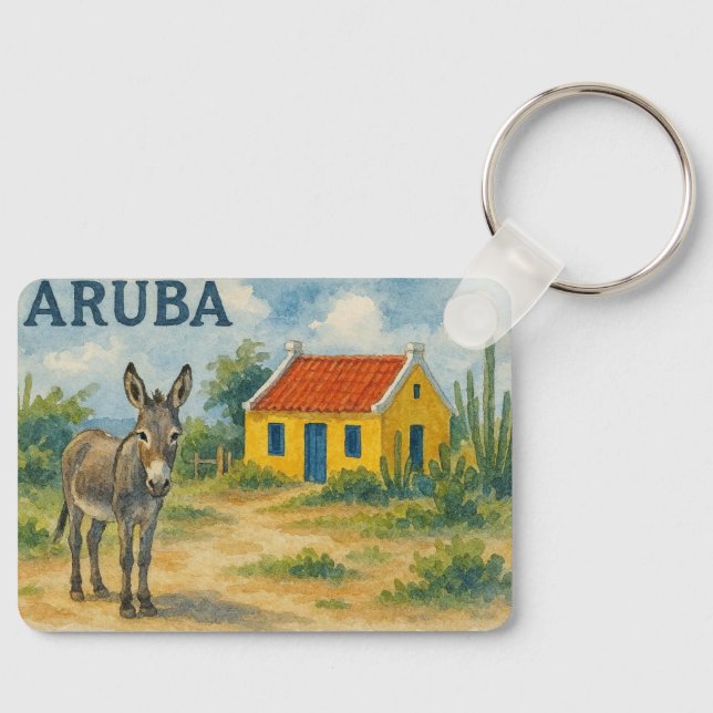 Porte-clés Maison cunucu jaune d'Aruba avec âne aquarelle (Recto)