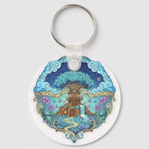 Porte-clés Maison dans l'arbre sous la lune Illustration fant