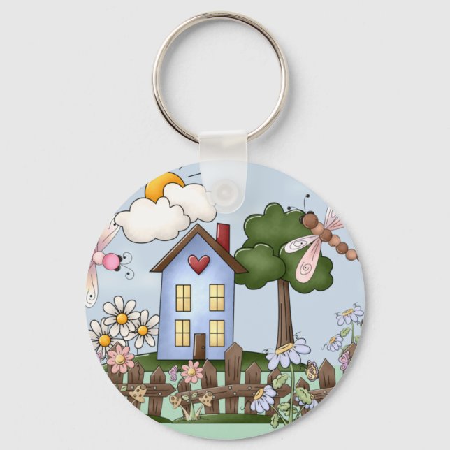 Porte-clés Maison de campagne Cute Blue au soleil (Recto)