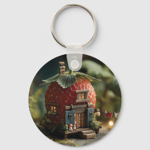 Porte-clés Maison de fée aux fraises avec corde à linge minia
