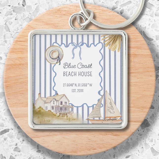 Porte-clés Maison de plage bleu chic côtier rayures bleues (In situ)